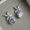 Silver Tone Leaf Cluster Round Clear Stone Earrings view 3