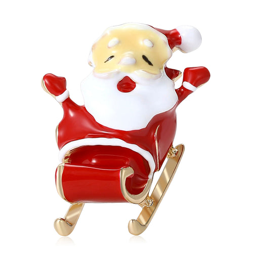 Red enamel Santa Claus on sleigh brooch gold runners front view