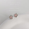 Silver Textured Flower Stud Earrings Pink Cats Eye Center view 3