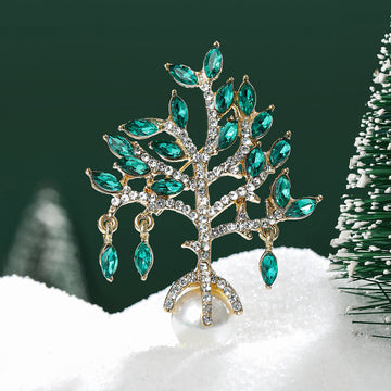Green Crystal Tree Brooch With White Pearl-Like Drop