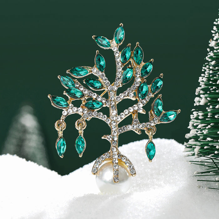 Green Crystal Tree Brooch With White Pearl-Like Drop
