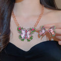 Pink Butterfly Beaded Necklace Matching Rhinestone Butterfly Earrings view 1