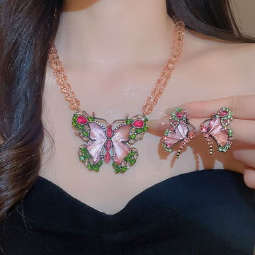 Pink Butterfly Beaded Necklace Matching Rhinestone Butterfly Earrings