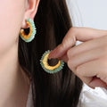 Gold Crescent Hoop Earrings Colorful Stone Bead Accents view 7