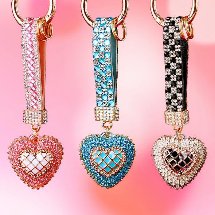 Lattice Center Crystal Heart Keychains with Straps and Plain Options