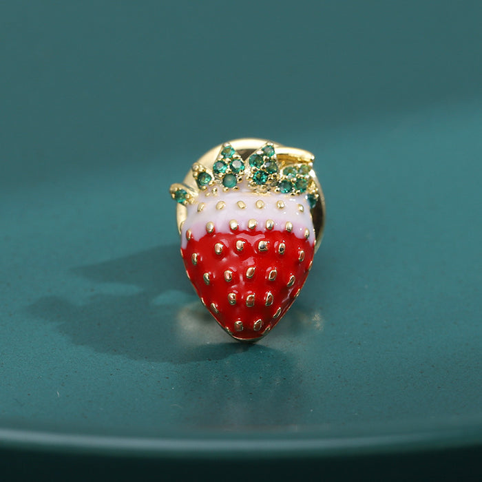 Gold Tone Enamel Strawberry Pin Brooch Green Crystal Leaves