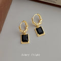 Gold Bamboo Huggie Black Square Stone Drop Earrings view 4