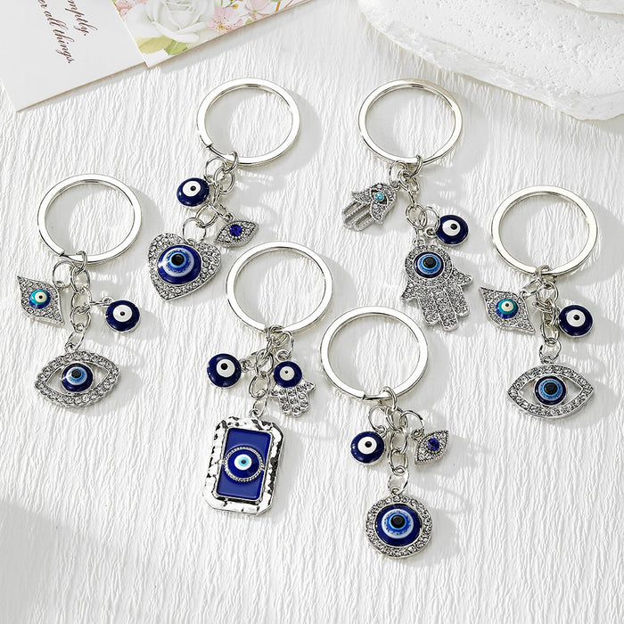 Blue Evil Eye Heart, Hamsa and Eye Metal Keychains