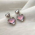 Silver Tone Pink Pearlescent Heart Double Frame Drop Stud Earrings view 1