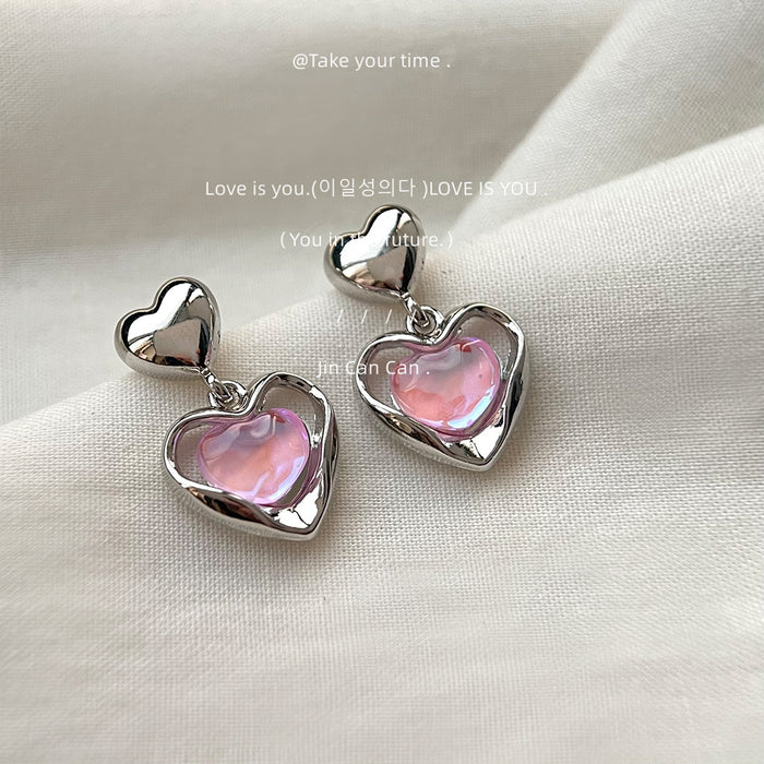 Silver Tone Pink Pearlescent Heart Double Frame Drop Stud Earrings