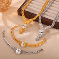 Y Letter Cuban Chain Necklace Bracelet Set Gold Steel Pave Bars view 2