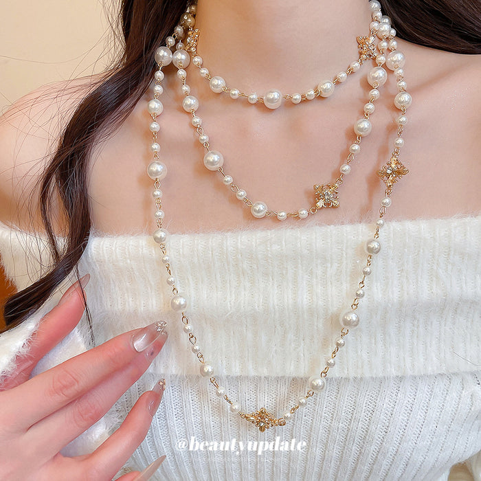 Layered Pearl Necklace with Gold Tone Cross Charms