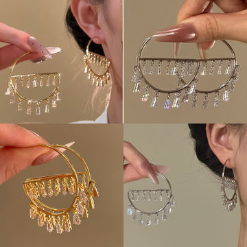 Open Hoop Earrings With Crystal Fringe In Two Tones