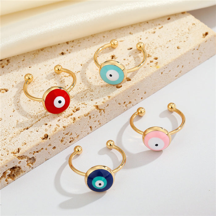 Gold Tone Round Enamel Evil Eye Adjustable Open Rings in Four Colors
