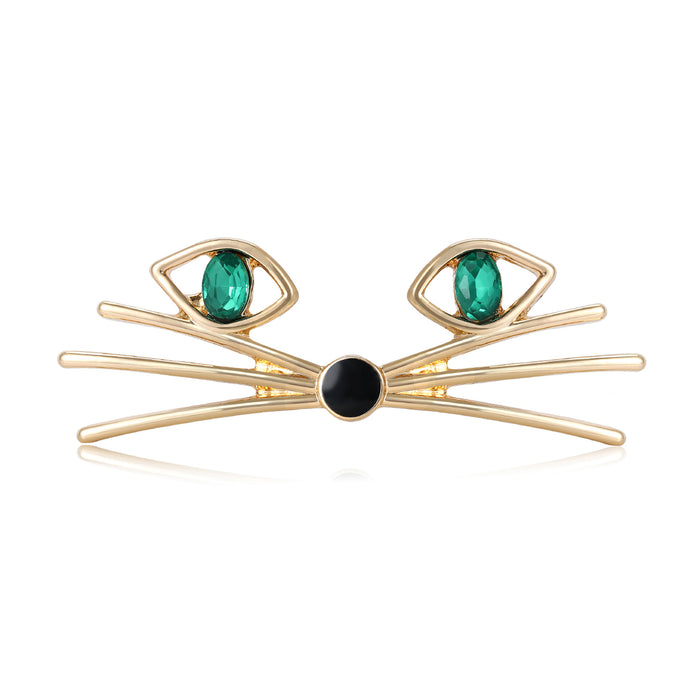 Cat Whiskers Face Brooch Crystal Eyes Minimal Metal Pin