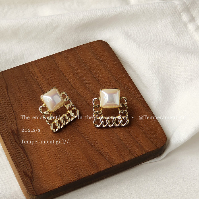 Gold Square Mabe Pearl Stud Earrings Curb Chain Frame
