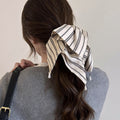Black Or Ivory Striped Square Scarf Hair Tie With Pearl Like Drops view 4