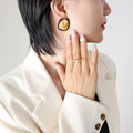 Irregular Oval Hammered Stud Earrings Enamel Rim Gold view 1