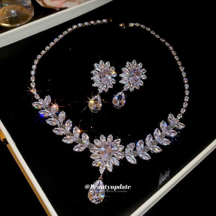 Silver Tone Floral Crystal Necklace and Drop Earring Options