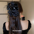 Black Satin Bow Hair Claw With Feathers And Heart Crystal view 3