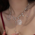 White Pearl Shell Disc Tassel Necklace Clear Crystal Accents view 3