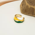Gold Tone Open Adjustable Ring Yellow Green Enamel Waves view 4