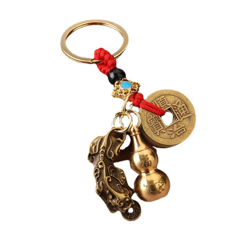 Brass Gourd Zodiac Pixiu Keychain with Red Cord Charm