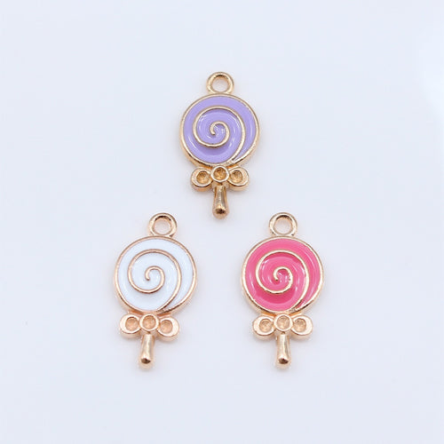White Lollipop, Pink Lollipop, Purple Lollipop swirl lollipop enamel charms in image 2, shown in an alternate angle or f