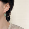 Mint Green Glass Leaf Hook Earrings Clear Crystal Accent view 2