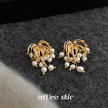 Gold Firework Tassel Pearl Drop Earrings Hammered Metal view 4