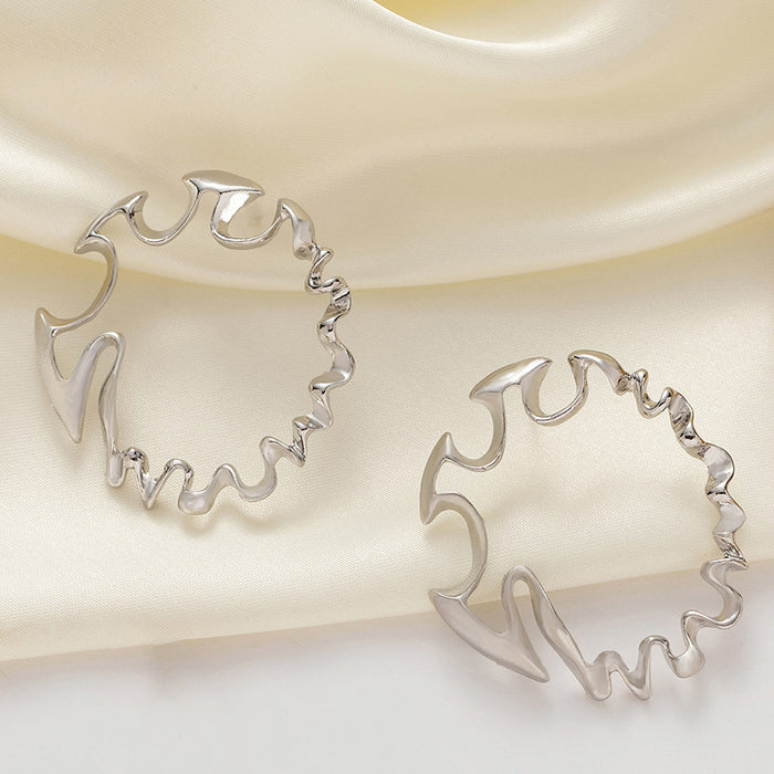 Silver Irregular Wave Open Hoop Earrings Hollow Abstract