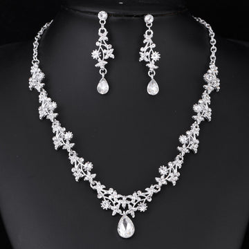 Black Silver Tone Crystal Floral Garland Crystal Metal Necklace and Earring Set
