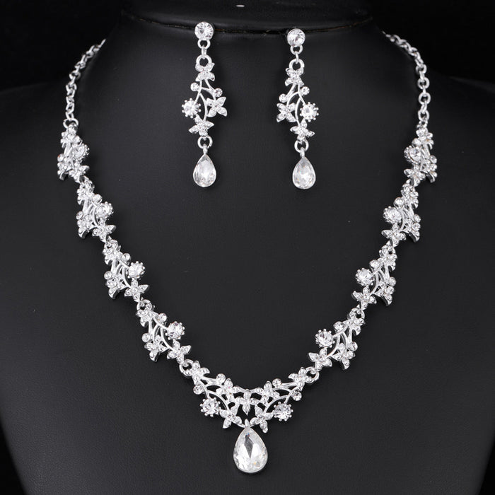 Black Silver Tone Crystal Floral Garland Crystal Metal Necklace and Earring Set