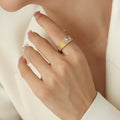 Gold Ribbed Band Ring With Square Clear Stone Multi Size view 6
