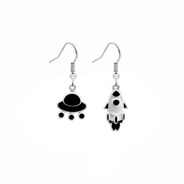 UFO Rocket Mismatch Drop Earrings Black White Enamel