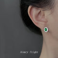 Silver Tone Green Oval Cabochon Clear Stone Halo Stud Earrings view 2