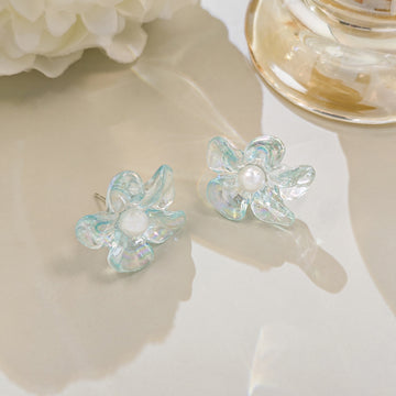 Iridescent Blue Clear Flower Pearl Look Stud Earrings