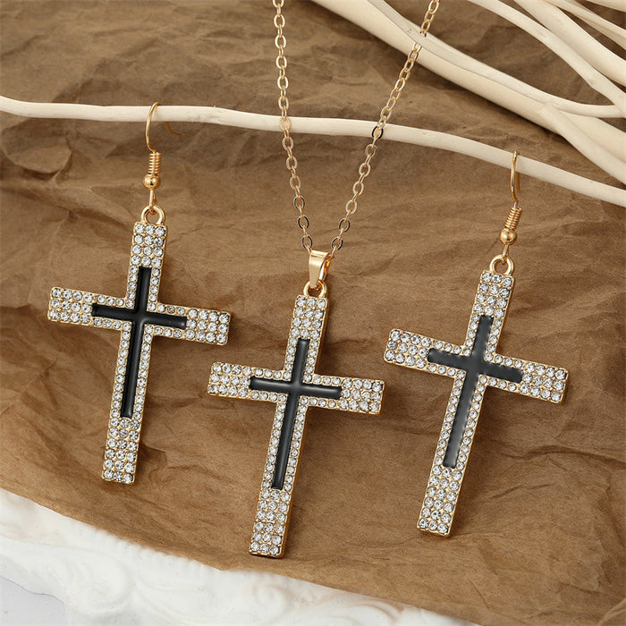 Gold Tone Crystal Outline Black Cross Necklace and Hook Earrings