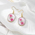 Gold Tone Rhinestone Oval Pressed Flower Drop Earrings in Four Designs view 8