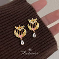 Gold Winged Lyre Drop Earrings Pink Heart Teardrop Zircon view 1
