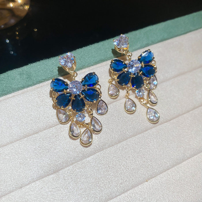 Blue and Green Crystal Floral Chandelier Stud Earrings