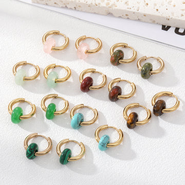 Gold Tone Natural Stone Bead Huggie Hoop Earrings in Seven Colors
