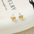 Gold Bow Pearl Look Cluster Delicate Small Stud Earrings view 4