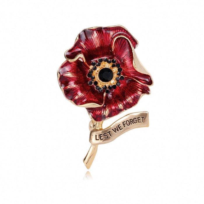 Red Gold Tone Poppy Flower Crystal Enamel Metal Brooch Pin 4.5 x 3.5 cm