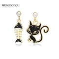 Mismatched Black Cat and Fishbone Gold Tone Dangle Earrings view 1
