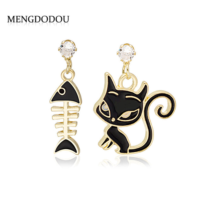 Mismatched Black Cat and Fishbone Gold Tone Dangle Earrings