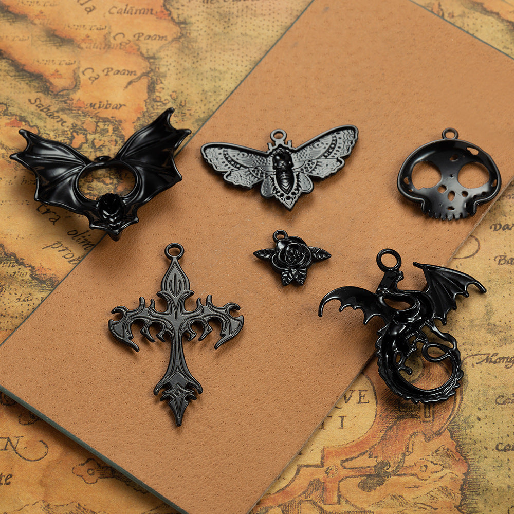 Gothic Black Alloy Bat Cross Charm Pendant for DIY Necklaces