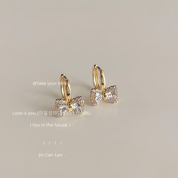 Gold Crystal Bow Huggie Hoop Earrings Pave Charm Drop