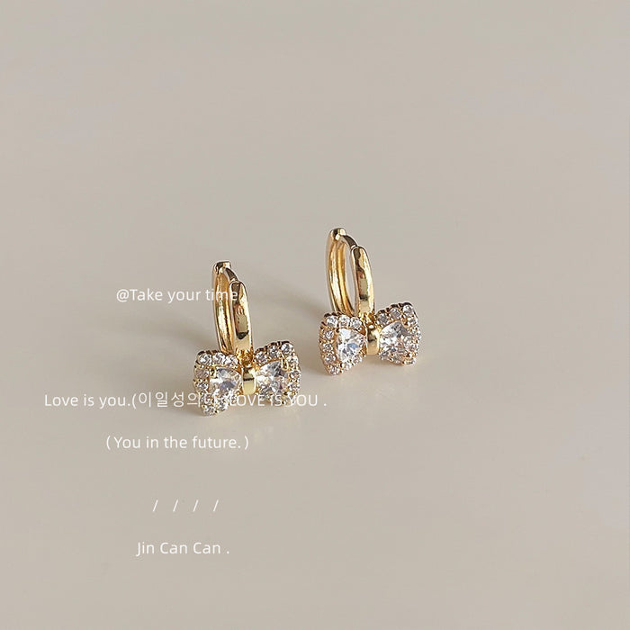 Gold Crystal Bow Huggie Hoop Earrings Pave Charm Drop