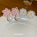Pink Beaded Flower Stud Earrings with Round Pearl Drops view 2